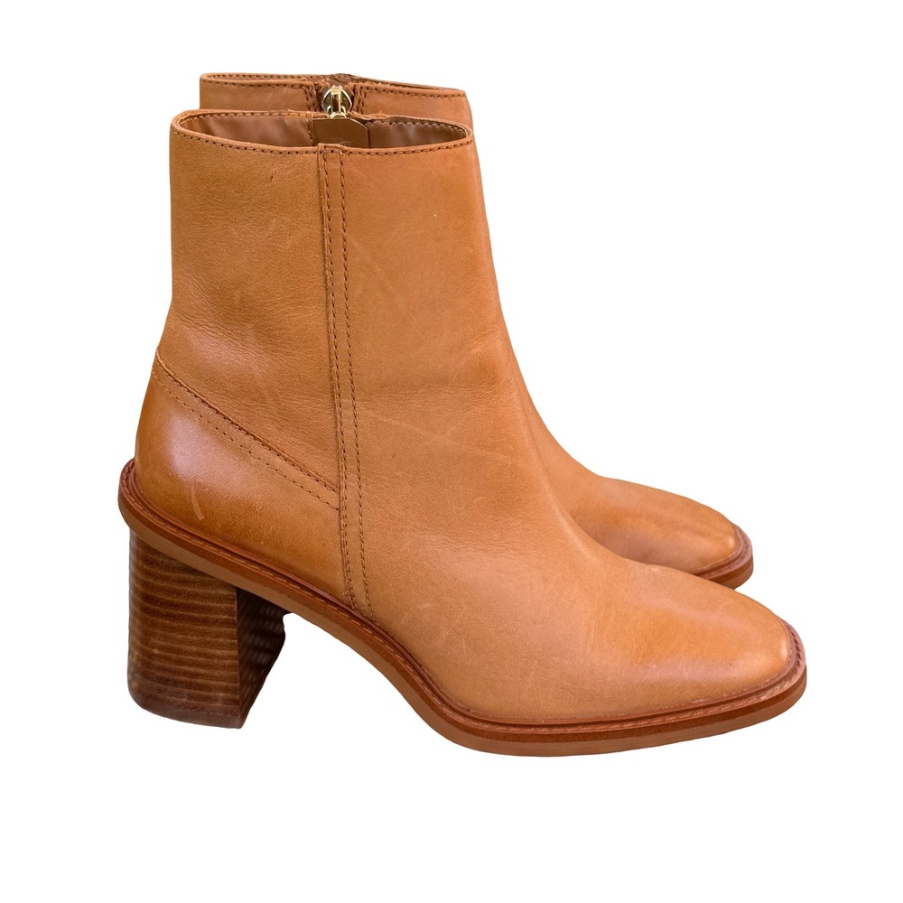 Aldo Womens Filly Cognac Tan Leather Square Toe Block Heel Ankle Boots Sz  7 - Picture 2 of 9